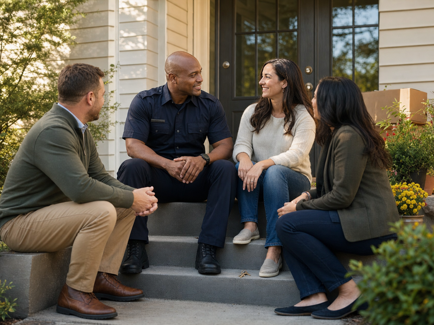 A firefighter family speaking with two mortgage professionals on the porch of a new home